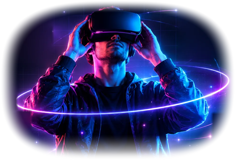 Persona con un visor de realidad virtual rodeada de anillos de luz neón, la vista hacia el futuro de tu negocio